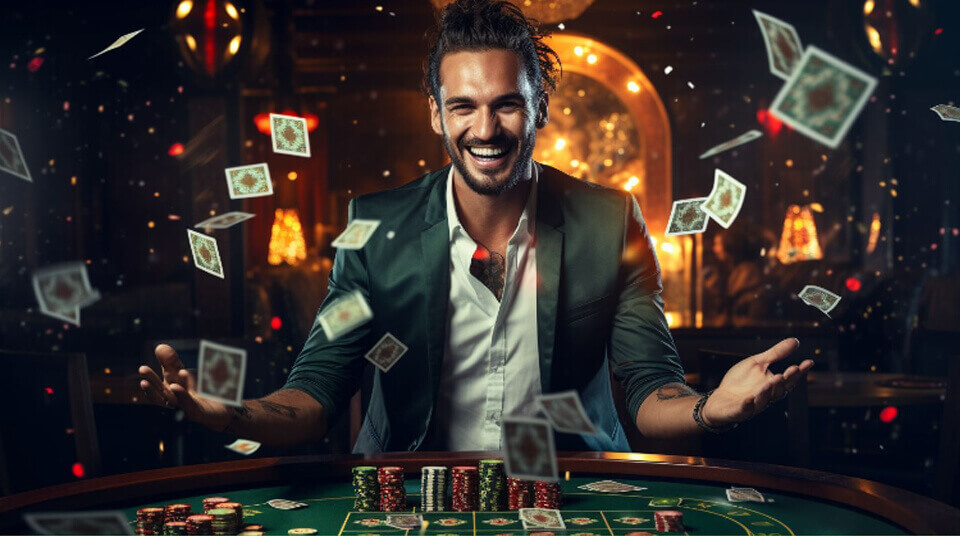 man in casino smiling with cards, tokens