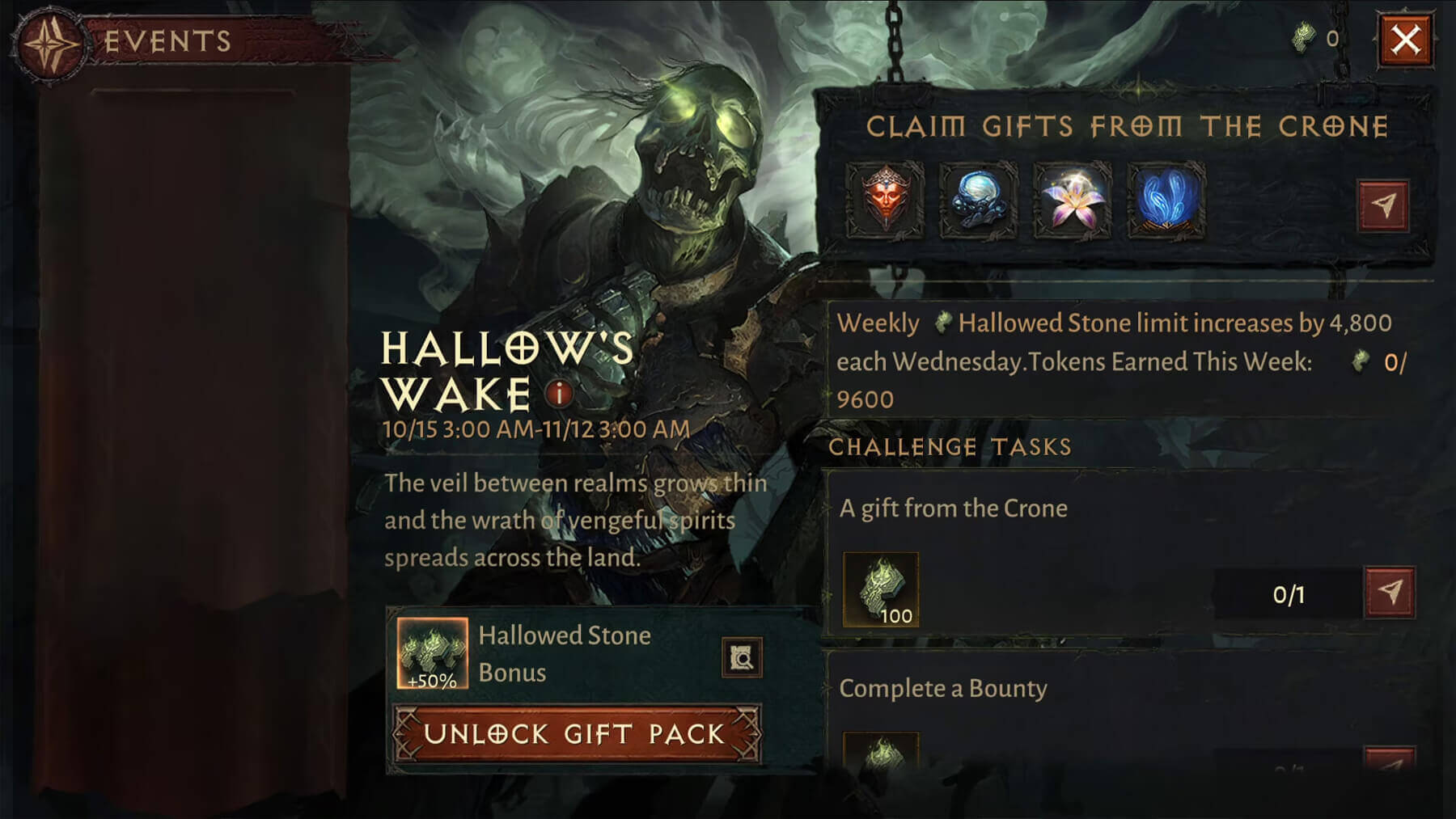 screenshot of diablo immortal hallows wake event table