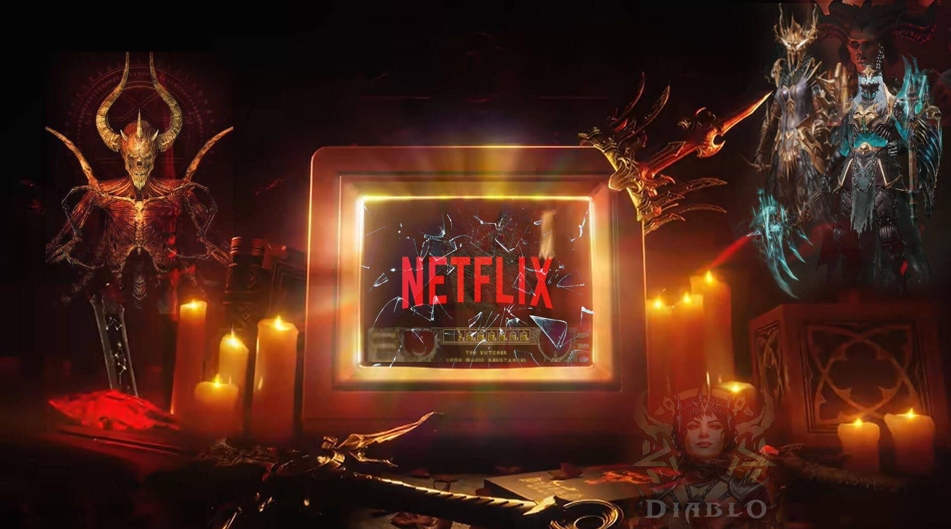 netflix logo on the screen with diablo evil characters