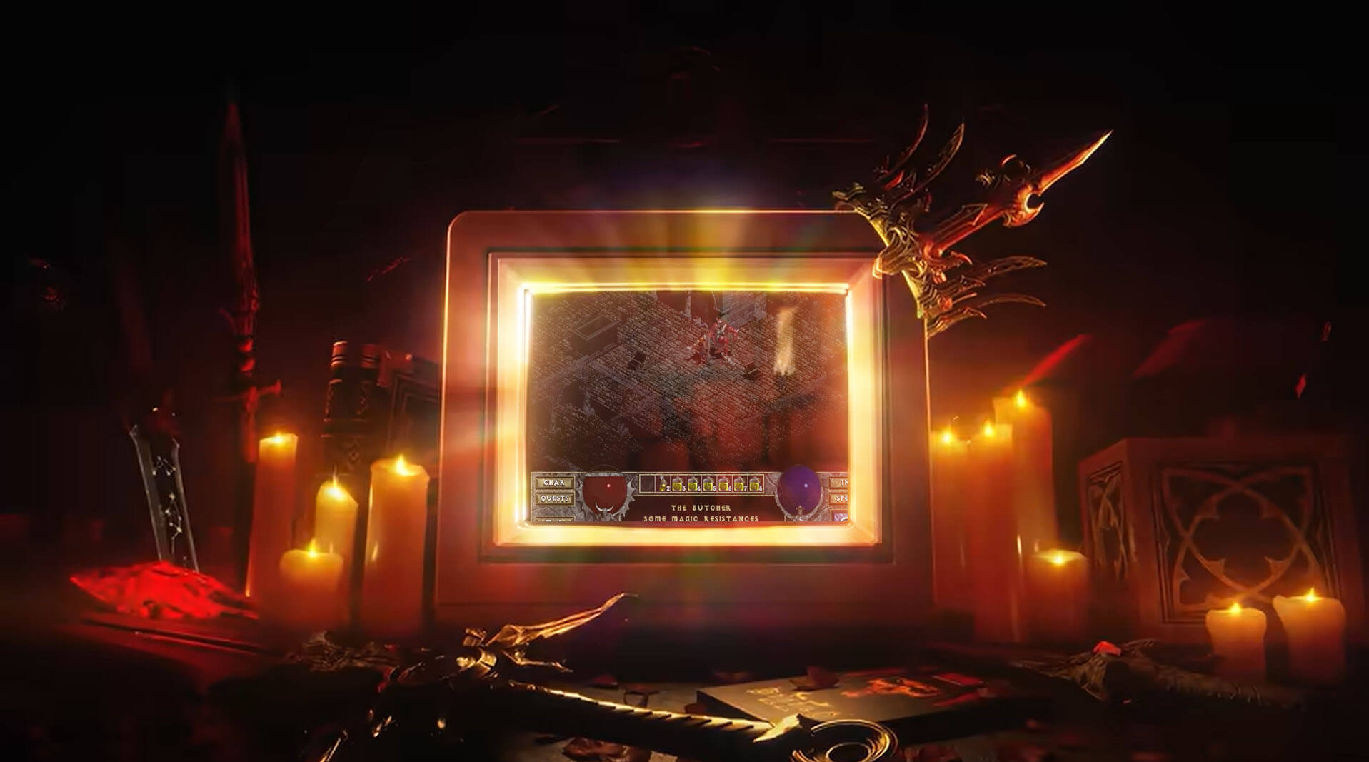 spooky candles and computer screen with diablo 2 background